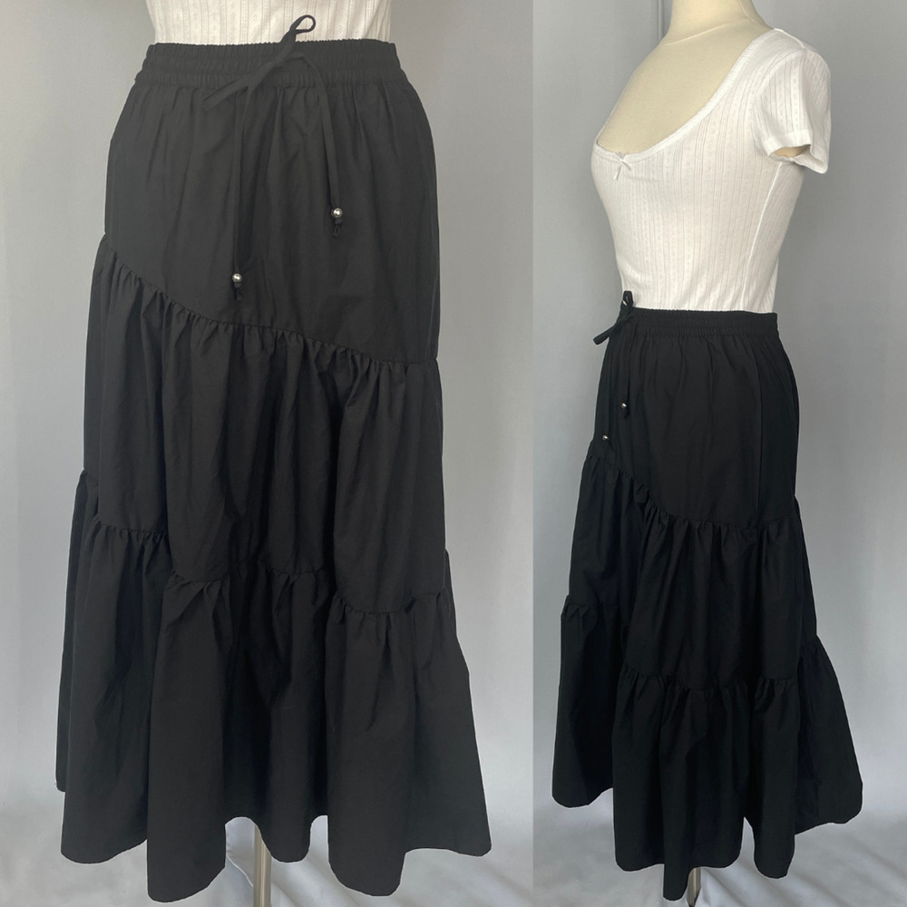 Tiered Broomstick Midi Skirt Size Medium Black Solid Fairy Whimsigoth Boho Goth
